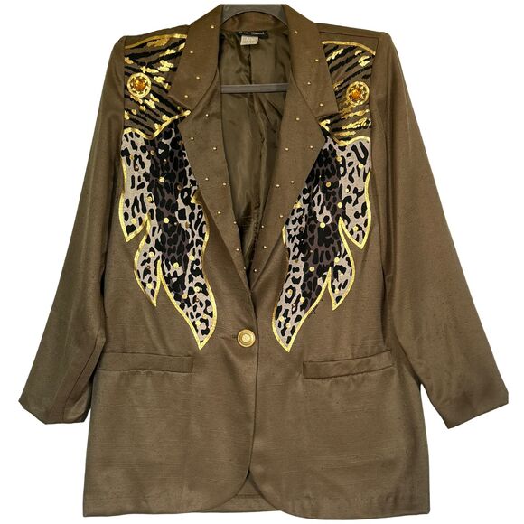 Vintage 80s AB Sport Blazer – Army Green Gold Accents, Animal Print, Jewels - Picture 1 of 4